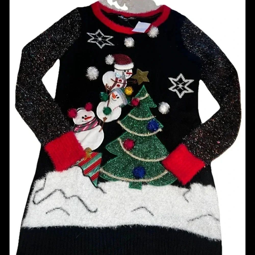 United States Sweaters Womens Christmas Sparkle Snowmen Decorate Tree Size M
